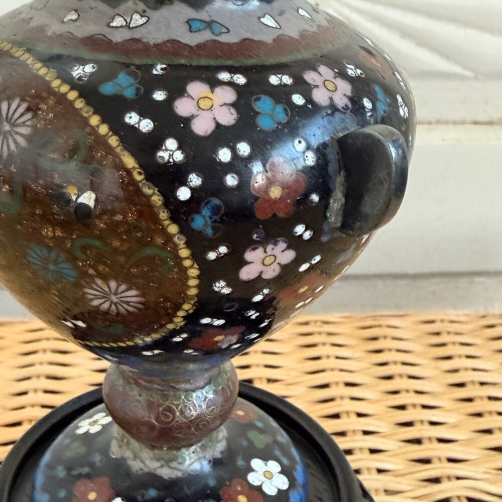 Antique Meiji 1910s Japanese Goldstone Cloisonne' Urn/ Stand Butterfly flower 7" - Picture 7 of 16